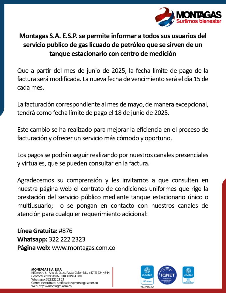 FECHA LIMITE DE PAGO DE LA FACTURA SERA MODIFICADA