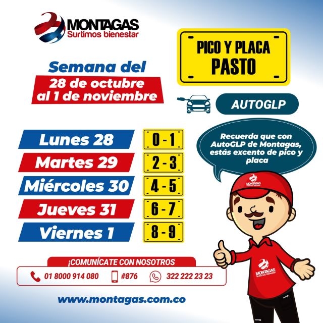 ¡Gasta menos con AutoGLP de Montagas!
¿Sabías que con AutoGLP 🚙🍃de Montagas quedas libre de la restricción 🛑 de pico y placa en Pasto? ¿Qué esperas para convertir tu carro a AutoGLP de Montagas?