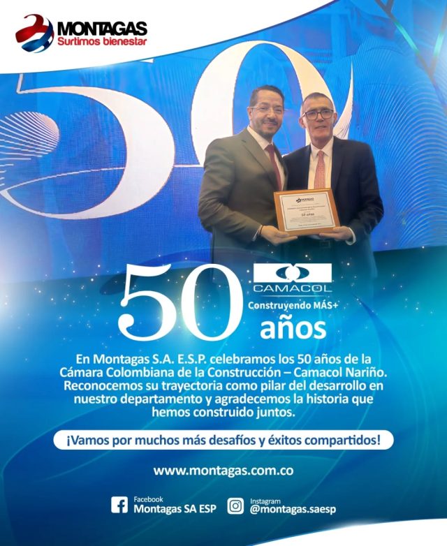 🎉 Desde Montagas reconocemos y exaltamos a @camacolnarino por sus 50 años de historia, compromiso y liderazgo 🏗️💼 

Celebramos cinco décadas siendo un pilar fundamental del sector de la construcción en nuestra región 🏘️🛠️. Gracias por permitirnos ser parte de esta historia compartida, proyectando juntos un futuro lleno de desafíos, alianzas y grandes logros 🚀🤝 

¡Felicidades en sus bodas de oro! 🥂🎊 
#CamacolNariño50Años #Montagas #SurtimosBienestar