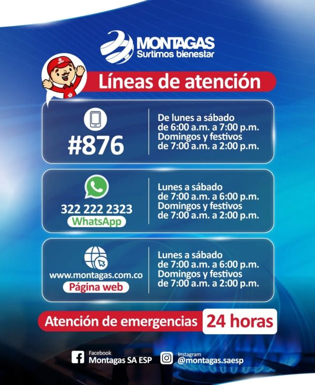 ¡Tu pedido de gas más fácil que nunca! 👇

✅ Llámanos al #876
✅ Chatea con nosotros al 322 222 2323
✅ Pide online en www.montagas.com.co

🕒✨ ¡De lunes a domingo, porque tu bienestar no se detiene! 🏠🏭🔥

⚠️ Dato clave: ¡Atención de emergencias las 24 horas! 🚨

Surtimos Bienestar 🔥💙

#Pedidos #Gas #ServicioAlCliente #LineasDeAtencion