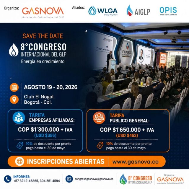 ¡Inscripciones ABIERTAS! 🚨 El 8° Congreso Internacional del GLP regresa para demostrar por qué el GLP es energía en crecimiento. 📈🔥 

📍 ¿Dónde? Club El Nogal, Bogotá. 

🗓️ ¿Cuándo? 19 y 20 de agosto de 2026. 

Prepárate para dos días de inmersión total en la agenda académica más relevante del sector del Gas Licuado del Petróleo, con líderes de 10 países del mundo 🌎 

Es el lugar ideal para hacer networking y anticipar los retos del mercado. 

¿Ya separaste tu cupo? Cuéntanos en los comentarios con quién te gustaría encontrarte este año. 👇 

🔗 Inscripciones en el link de la bio de @gasnovaco

#Gasnova #GLP #EnergiaEnCrecimiento #CongresoGLP2026 #BogotaEvents OilAndGas